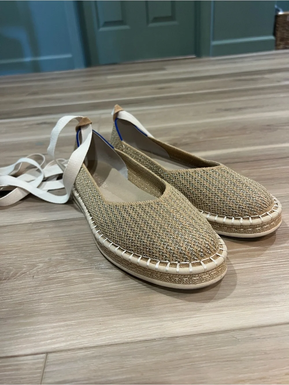 Rothy's Tan Woven Espadrille Flats with Cream Ties